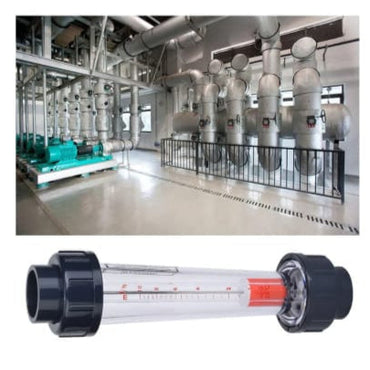 Pump room with large pumps and a close-up of a pipe with measurement scale.