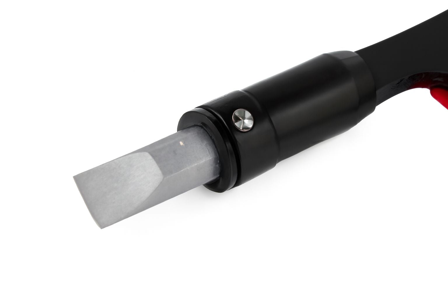Close-up of a black and red tool with a metallic blade on a white background