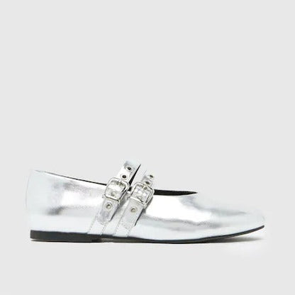 Schuh Livy Shiny Silver Metallic Faux-Leather Mary Jane Flat Shoes with Buckles