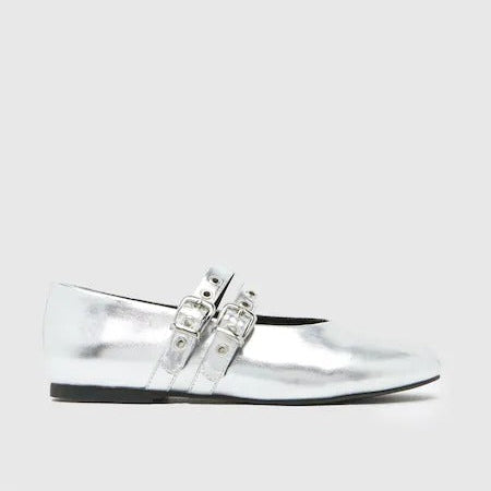 Schuh Livy Shiny Silver Metallic Faux-Leather Mary Jane Flat Shoes with Buckles