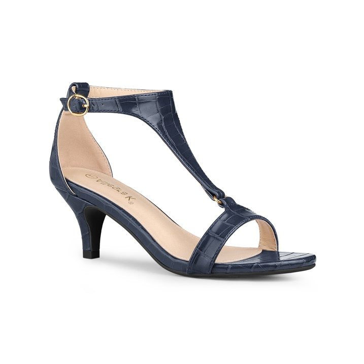 Allegra K Women's Embossed Kitten Heel T‑Strap Sandals