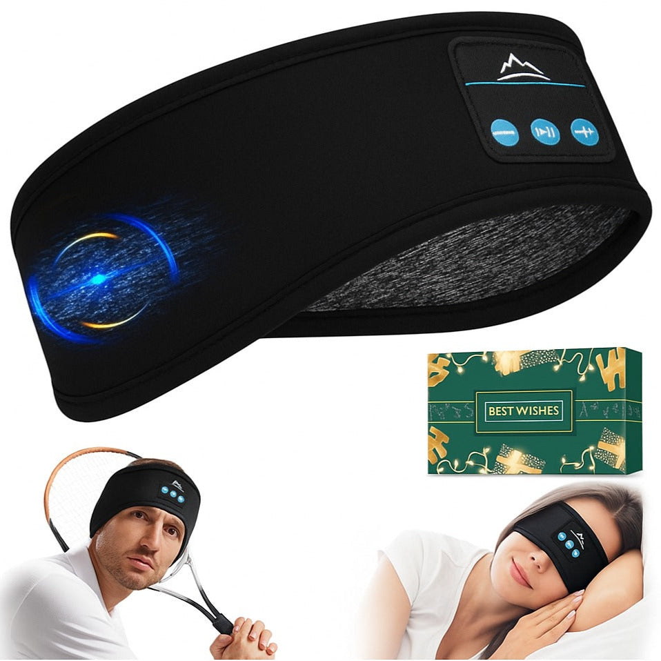 Black headband with digital display and blue light, used by a man and a woman, with a 'Best Wishes' box in the background.