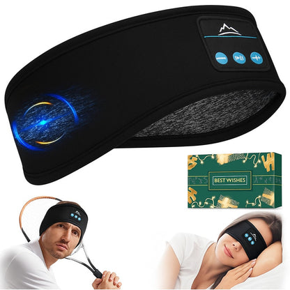 Black headband with digital display and blue light, used by a man and a woman, with a 'Best Wishes' box in the background.