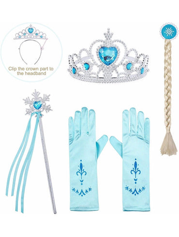 Set of princess accessories including a tiara, wand, headband, and gloves on a white background.