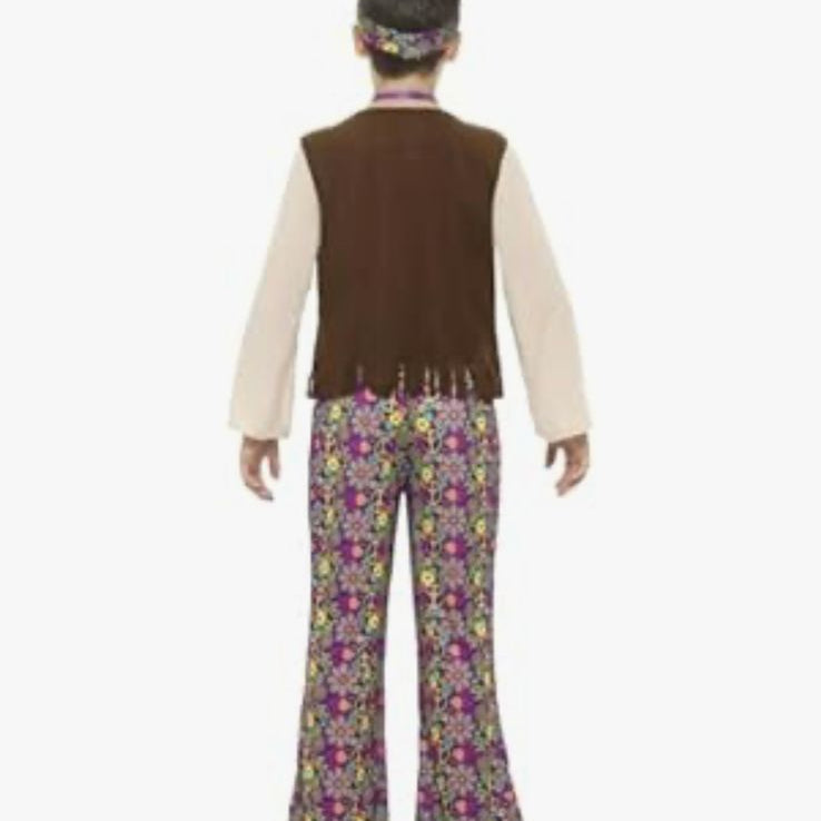 Hippie costume with top, vest, and floral pants on a white background