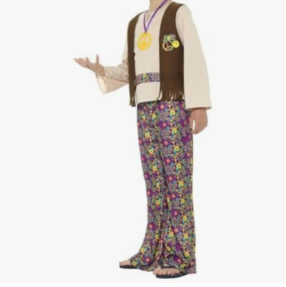 Child wearing a costume with a vest and floral pants on an Amazon product page.