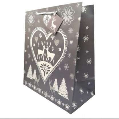 Glossy gift bag with reindeer design on a black background