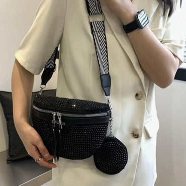 Person wearing a black belt bag with a neutral background on Amazon.
