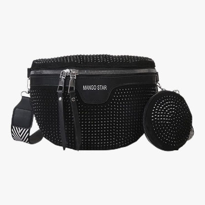 Black studded handbag with matching round pouch on Amazon product page
