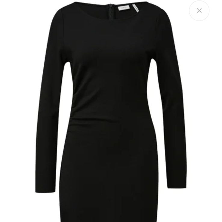 Black long-sleeve dress displayed on a website with navigation elements visible.