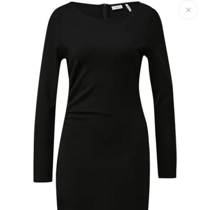 Black long-sleeve dress displayed on a website with navigation elements visible.