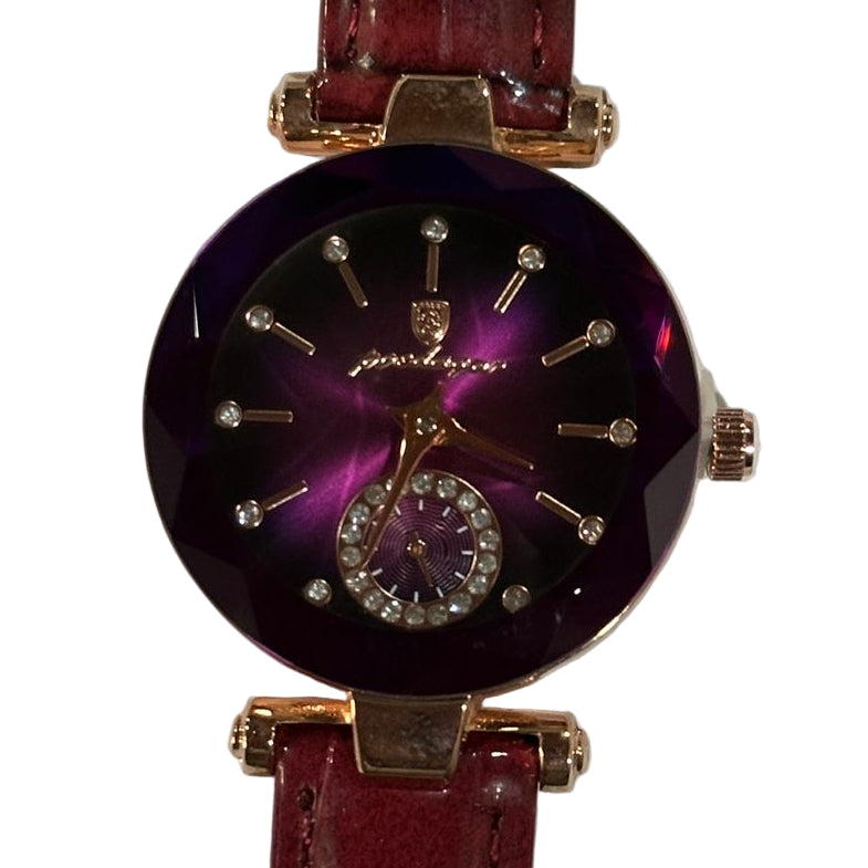 Watch with a purple face and red strap on a white background