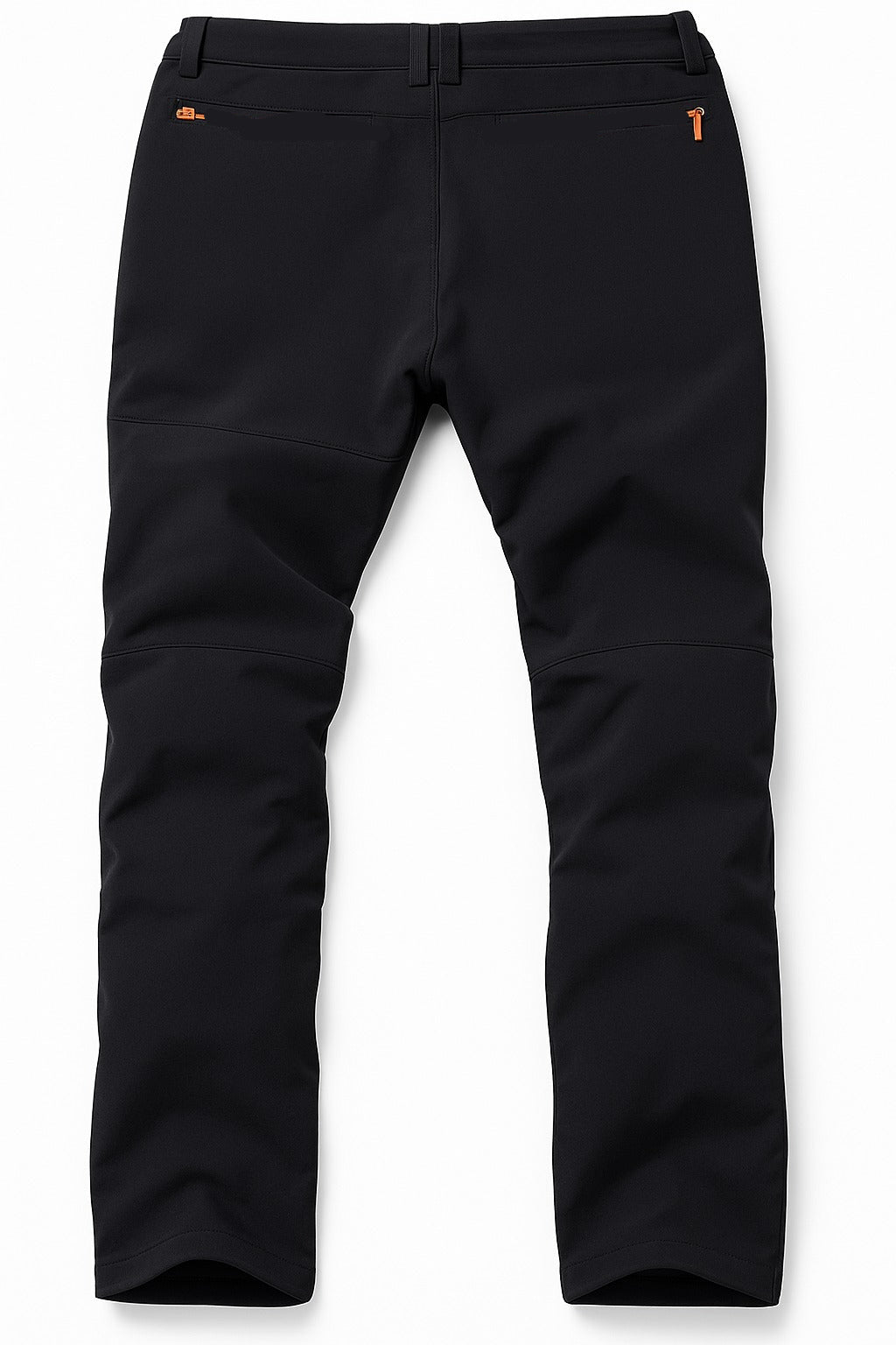 Black pants with orange zippers on a white background