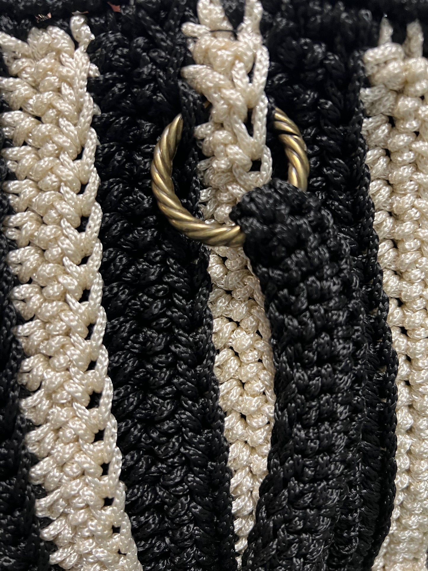 Handmade Crochet Tote Bag – Black & Beige Vertical Stripes