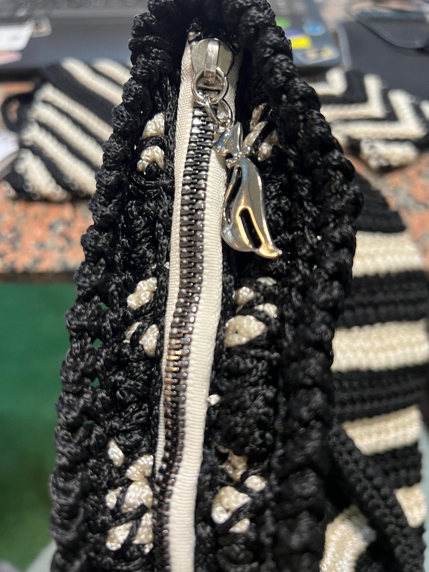 Handmade Crochet Tote Bag – Black & Beige Vertical Stripes