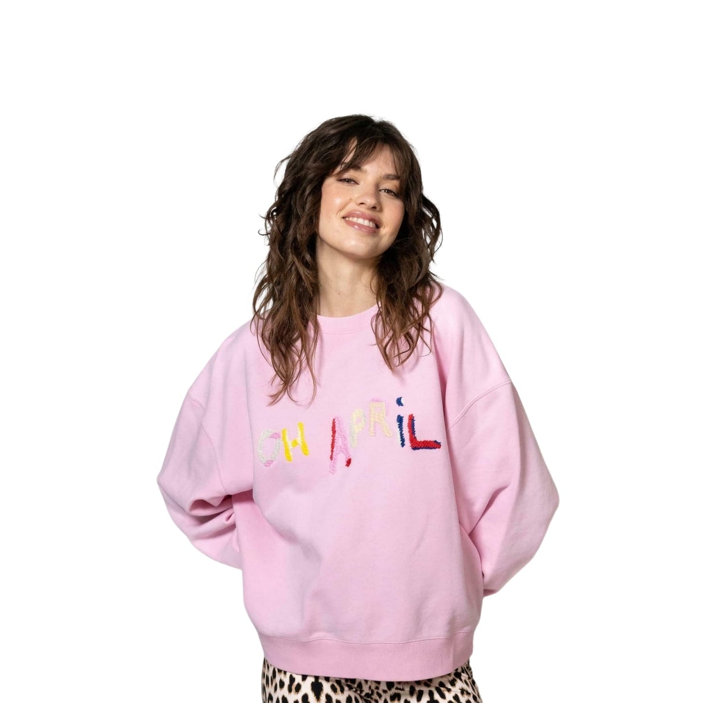 OH APRIL Women's Relaxed Fit Sweatshirt: Navy, Yellow, Pink, Red Logo Embroidery
