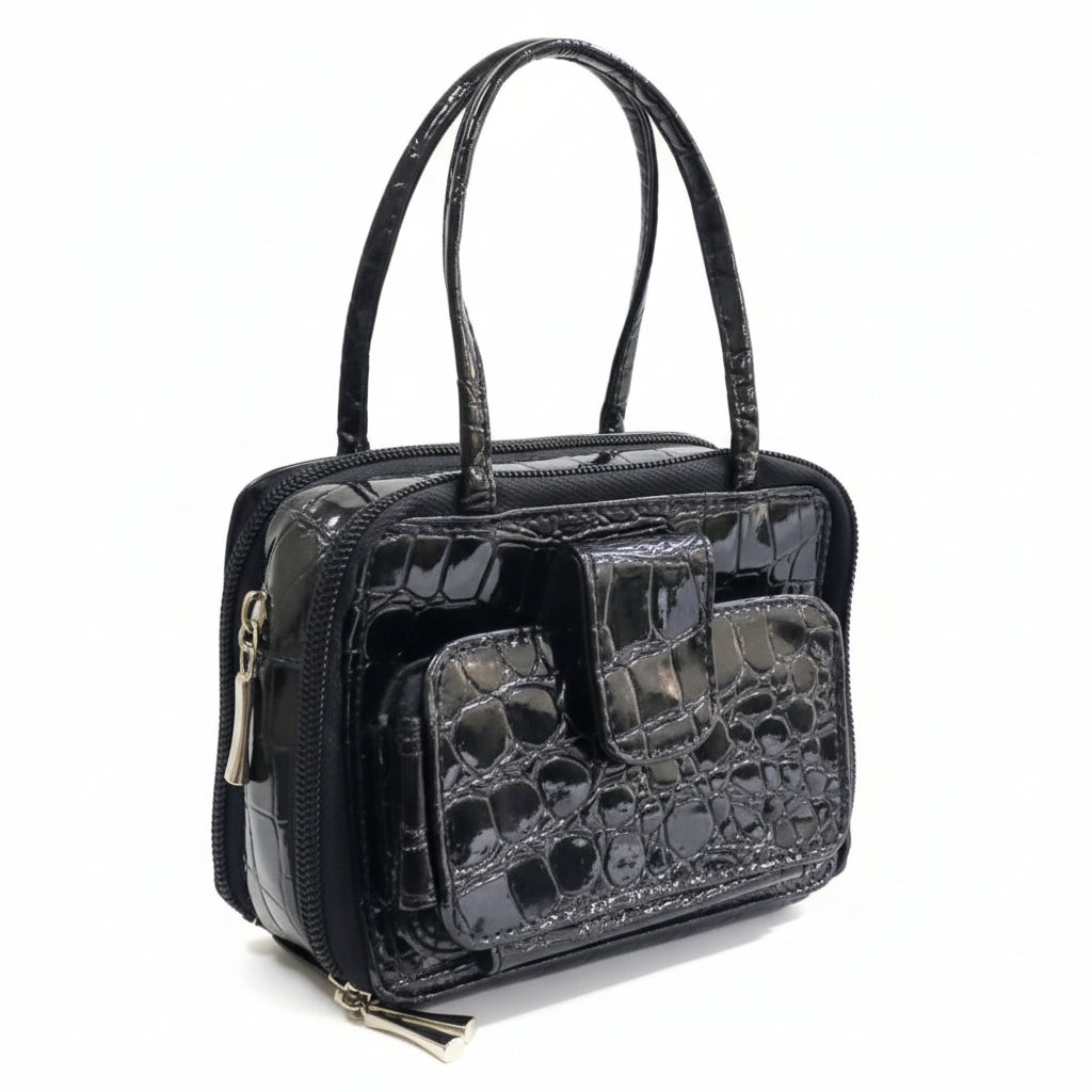 MINI BAG Croc Embossed Leather Woven Mini Box Bag Black Chic Leather