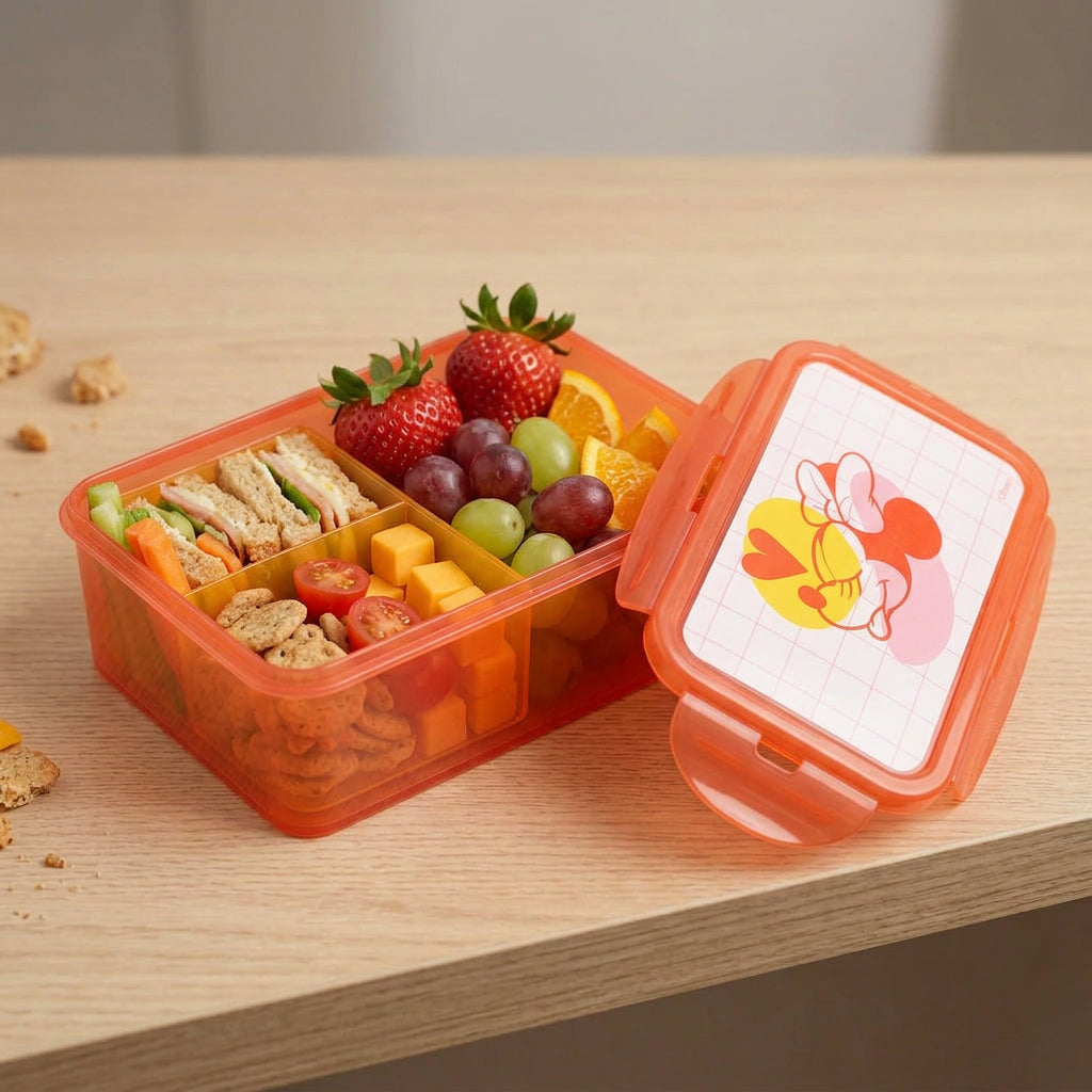 An orange translucent plastic lunch box with a three-compartment divider and a matching lid featuring a cartoon character design, shown on a wooden desk.