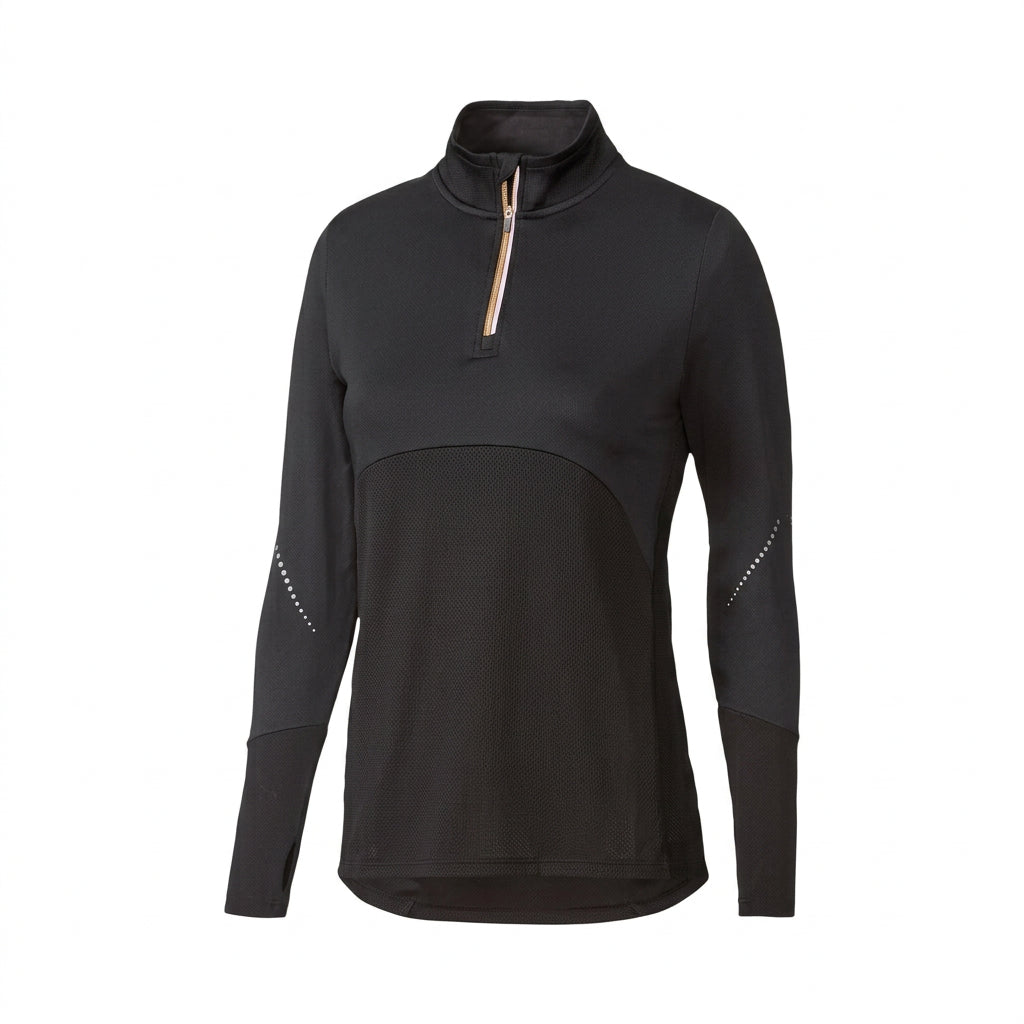 Crivit black long-sleeve athletic quarter-zip pullover with a high mock neck collar and subtle reflective details on the sleeves, shown against a plain white background.