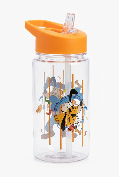 A clear plastic water bottle with an orange flip-top lid, featuring a cartoon character print on the front, sitting on a wooden desk with water bottles and office items in the background.
