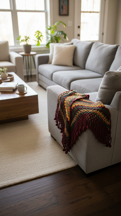 Handmade Crochet Chevron Shawl with Fringe – Autumn Multicolor