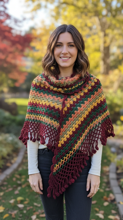 Handmade Crochet Chevron Shawl with Fringe – Autumn Multicolor