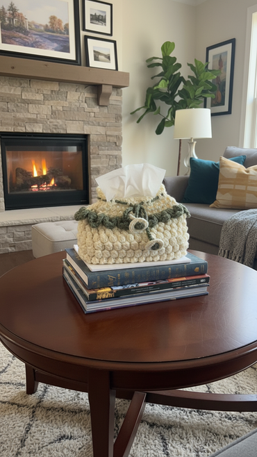 Handmade Crochet Beige Tissue Box Cover with Floral Drawstring