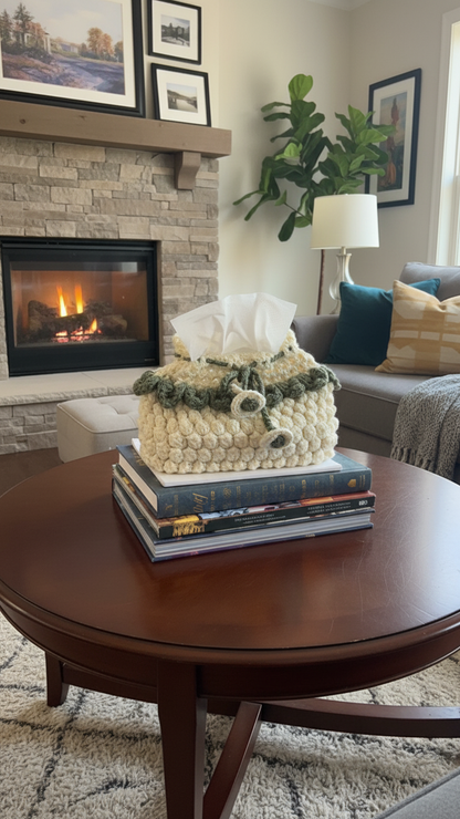 Handmade Crochet Beige Tissue Box Cover with Floral Drawstring