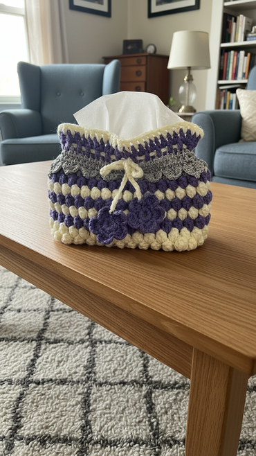 Handmade Crochet Purple - White Tissue Box Cover With Flowers