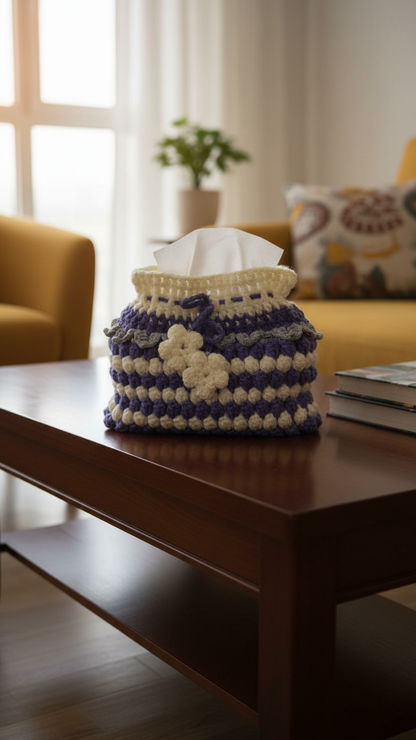 Handmade Crochet Purple - White Big Size Tissue Box Cover With Flowers