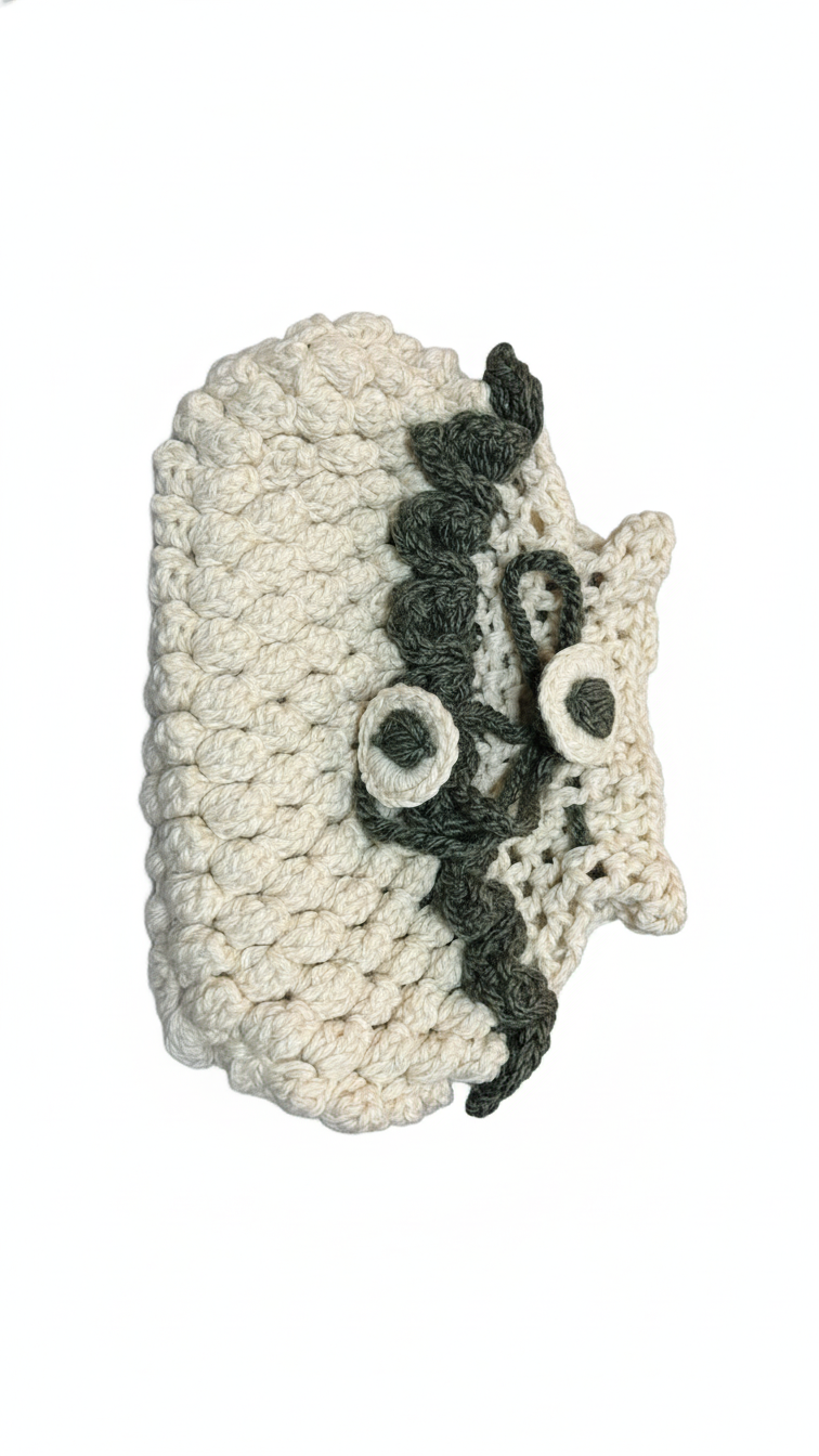 Handmade Crochet Beige Tissue Box Cover with Floral Drawstring