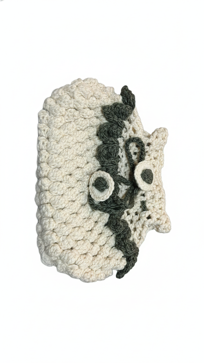 Handmade Crochet Beige Tissue Box Cover with Floral Drawstring