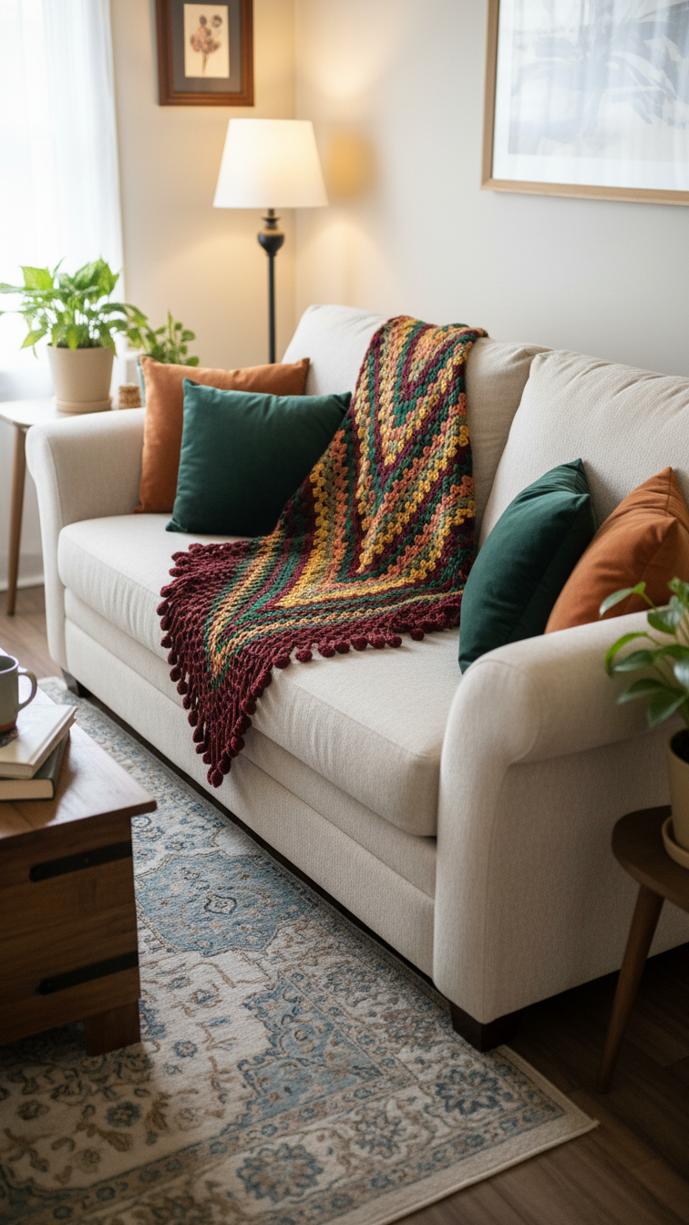 Handmade Crochet Chevron Shawl with Fringe – Autumn Multicolor