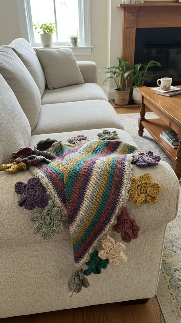 Handmade Crochet Floral Shawl – Multicolor Striped Wrap
