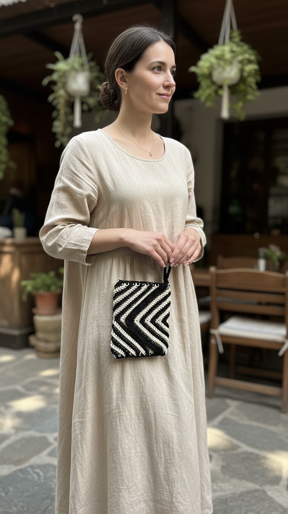 Handmade Crochet Tote Bag – Black & Beige Vertical Stripes