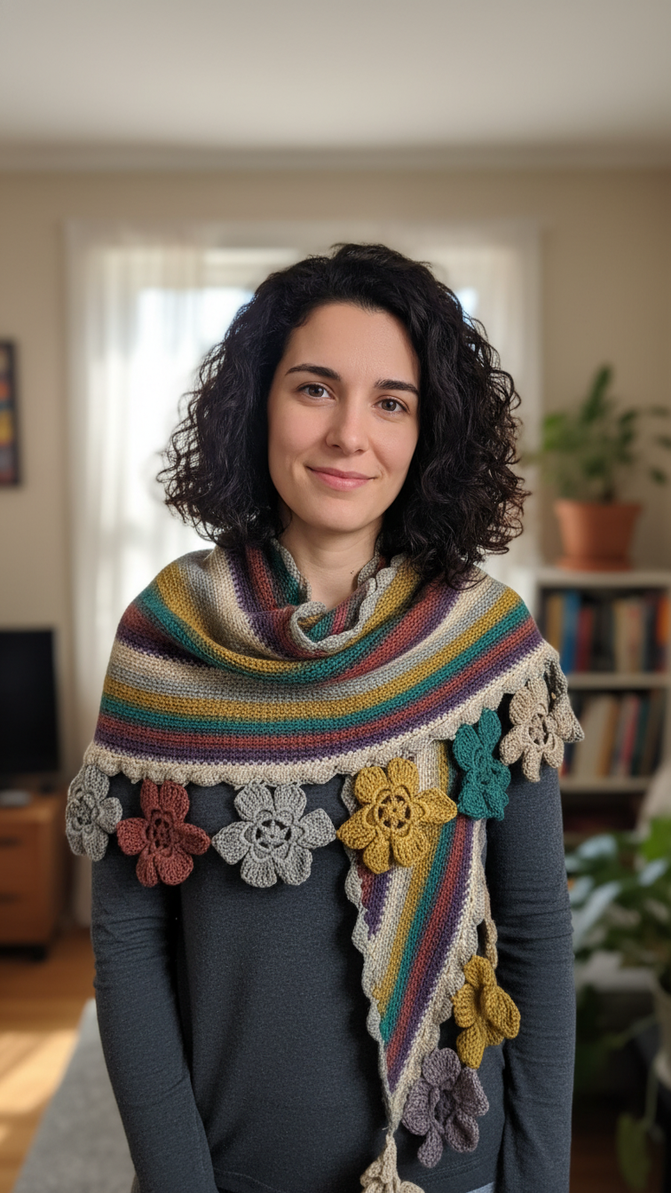 Handmade Crochet Floral Shawl – Multicolor Striped Wrap