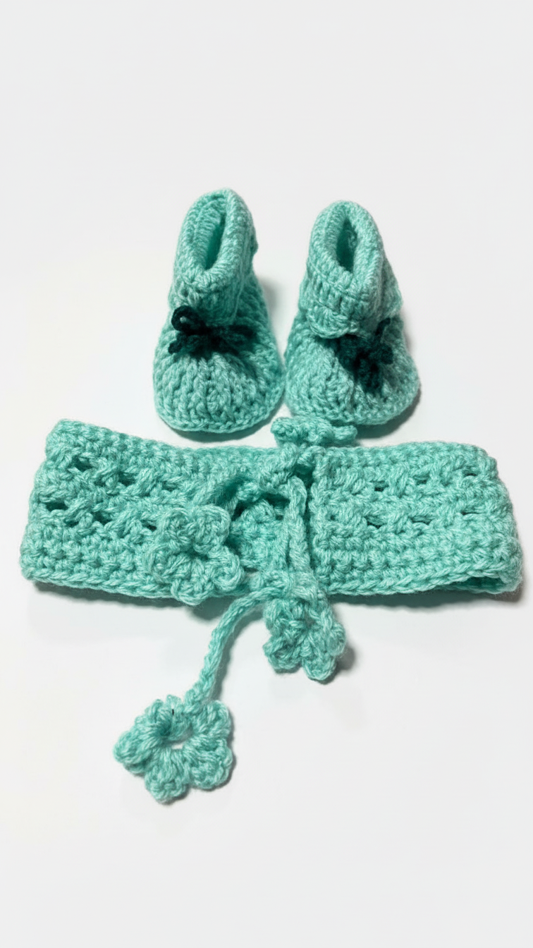 Handmade Crochet Baby Aqua Dress Ribbon Waist Set with Headband & Booties