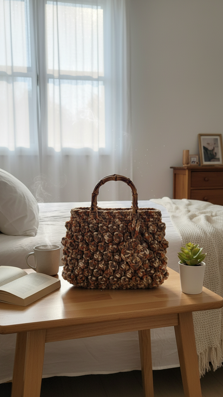 Handmade Crochet Clutch Bag with Bamboo Handle – Earth Tone Mix