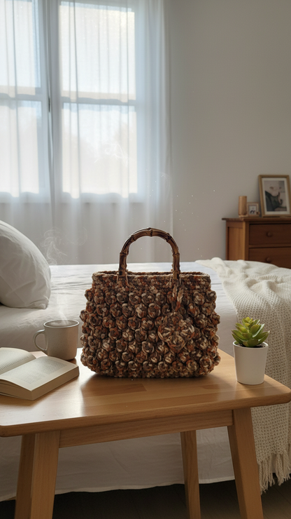 Handmade Crochet Clutch Bag with Bamboo Handle – Earth Tone Mix