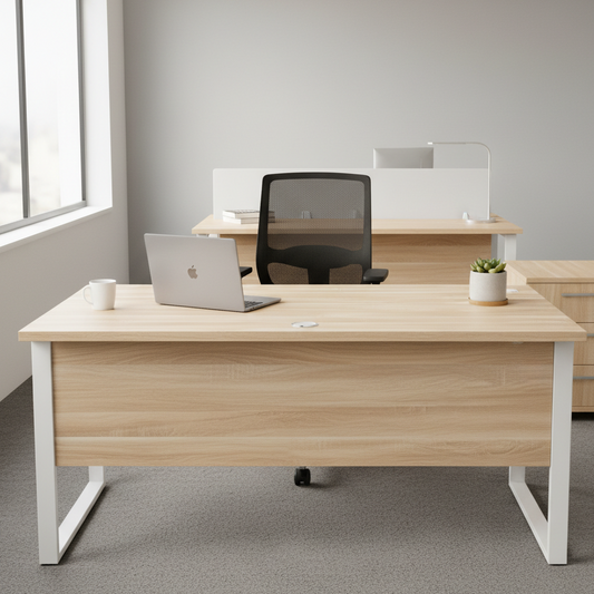 Elegant Modern Wooden Desk with White Metal Frame