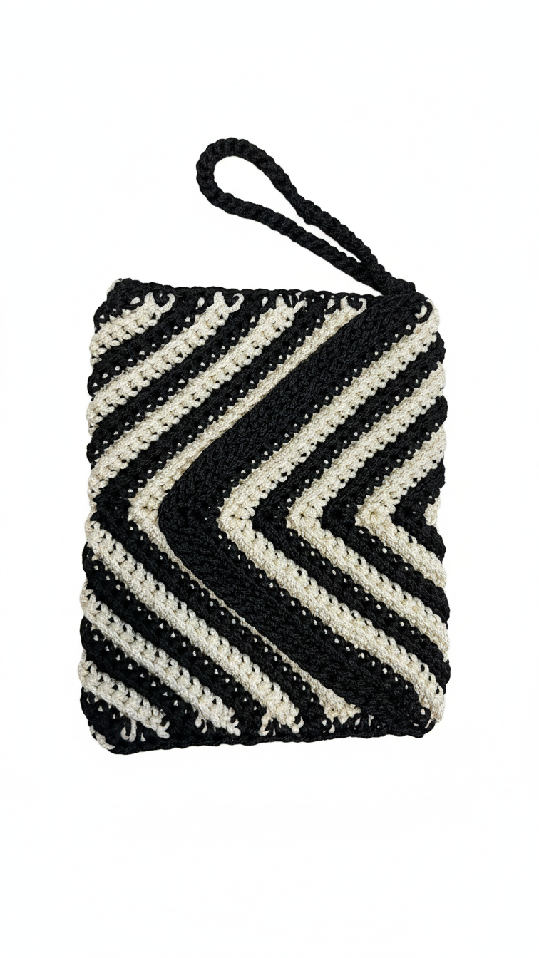 Handmade Crochet Tote Bag – Black & Beige Vertical Stripes