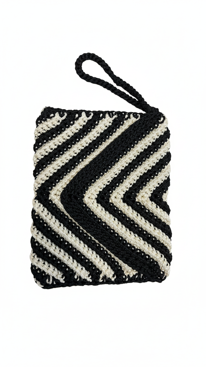 Handmade Crochet Tote Bag – Black & Beige Vertical Stripes