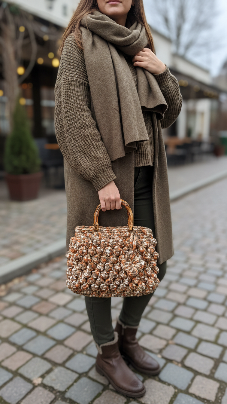 Handmade Crochet Clutch Bag with Bamboo Handle – Earth Tone Mix