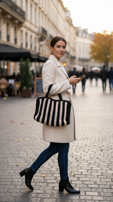 Handmade Crochet Tote Bag – Black & Beige Vertical Stripes