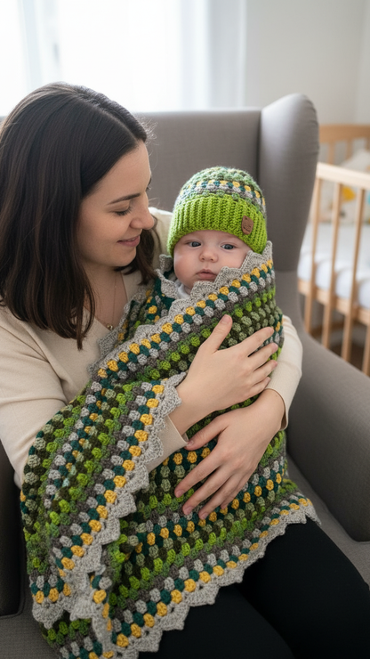 Handmade Crochet Baby Hat & Blanket Set – Green Multicolor