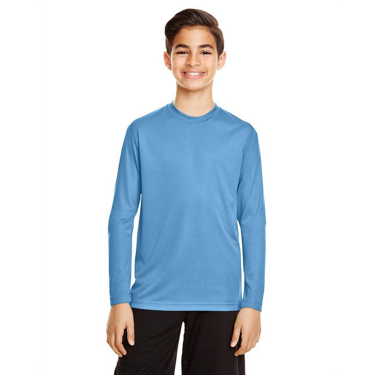 light blue long-sleeve crewneck athletic shirt and black pants, photographed against a solid white background.