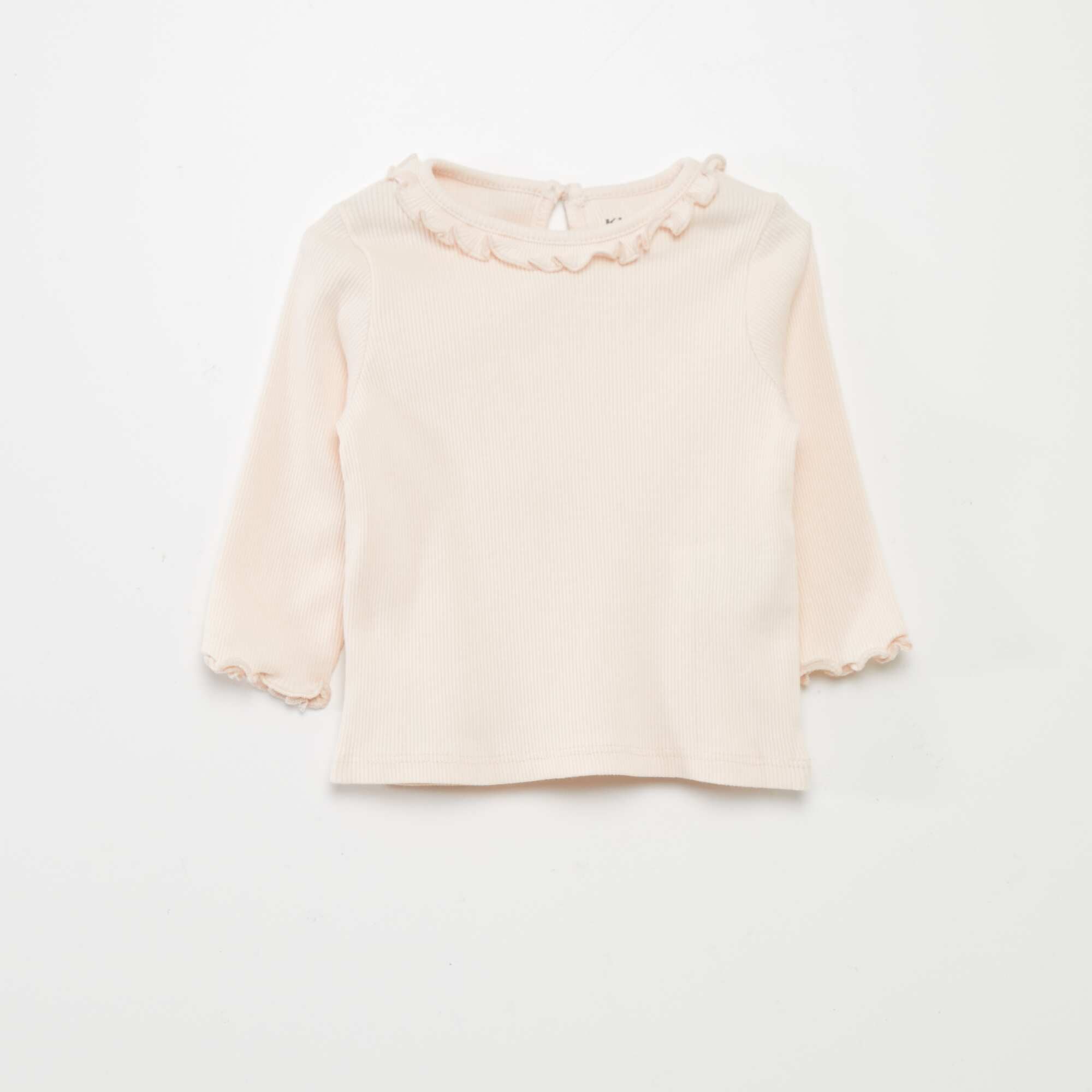 Pink Ribbed Knit Baby T-Shirt with Ruffled Collar
