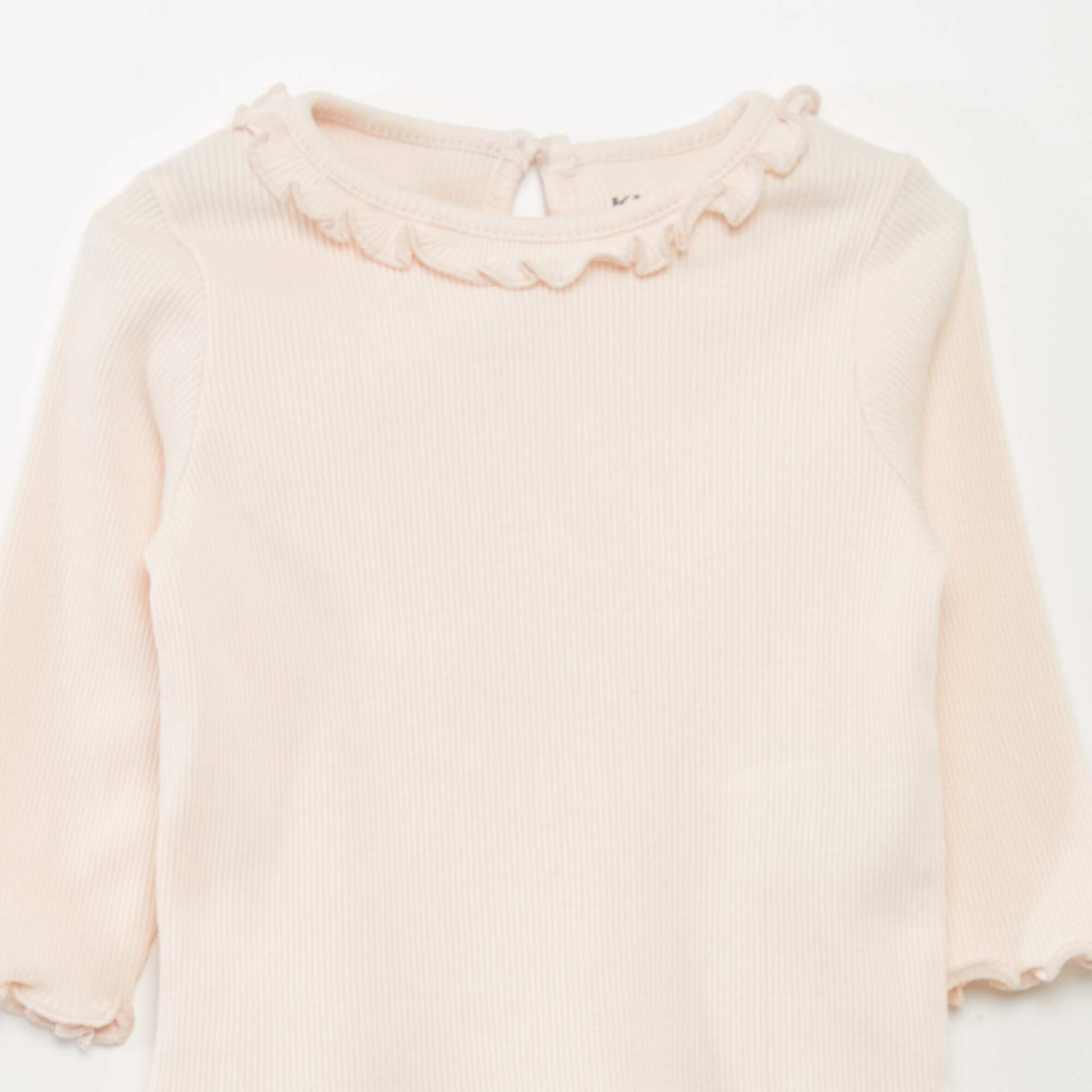 Pink Ribbed Knit Baby T-Shirt with Ruffled Collar