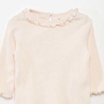 Pink Ribbed Knit Baby T-Shirt with Ruffled Collar
