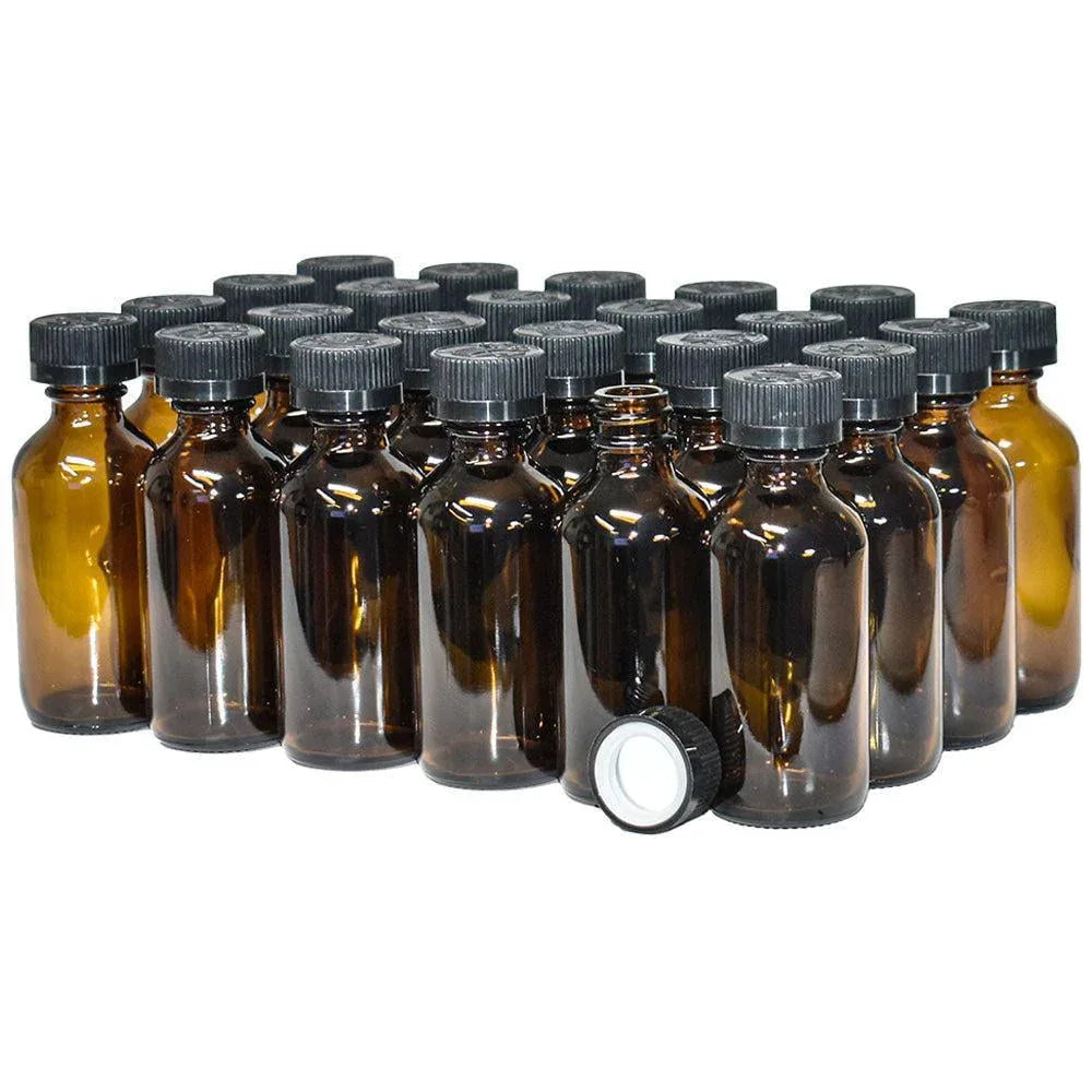 24-Pack 4oz Amber Glass Boston Round Bottles, Secure Black Cone Caps - Gomix Brands Outlet